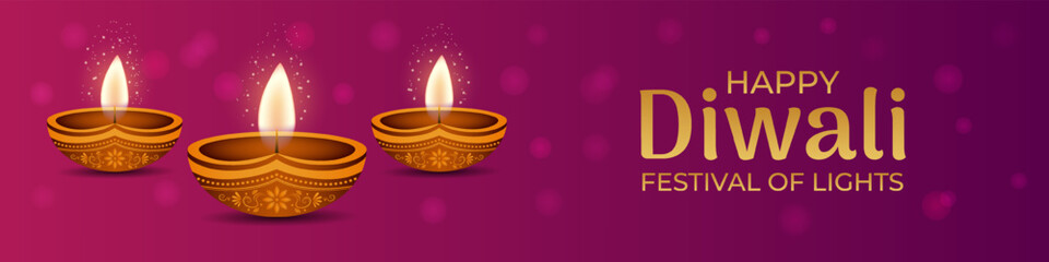 Happy Diwali. Festival of Lights horizontal banner with oil lamps and pink background with bokeh effect. Vector illustration.
