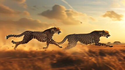 Obraz premium Cheetahs running fast wildlife animal nature predator sunset african savanna safari landscape speed hunt 100
