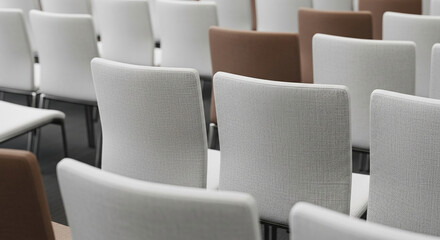 Obraz premium Close-up of light gray and brown fabric chair backs in a row, showcasing textured upholstery in a conference or auditorium setting, representing professionalism and corporate events