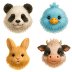 A delightful collection of four 3D plush-style animal heads including a panda, blue bird, rabbit, and cow, each designed with soft textures and expressive eyes for an adorable appearance.