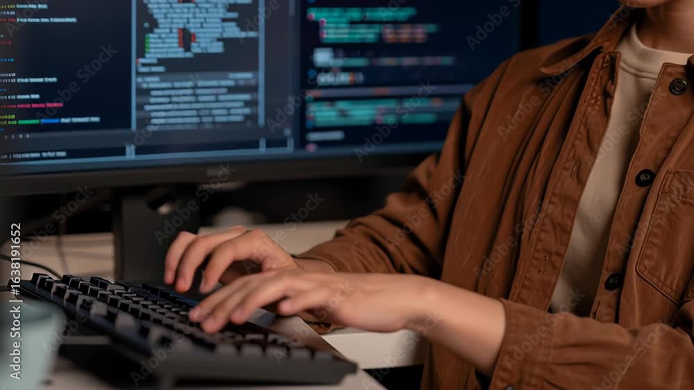 Aufkleber asian woman with glasses is focused on coding at a computer workstation, surrounded by multiple scre