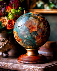 Eclectic art deco desk globe with dadaist textures in warm brown and green shades, surreal and stylish