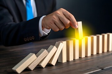 Businessman with a touch stops process of falling dominoes. Successful strong business and solve all accumulated problems. Stop destructive processes. Risk management concept. Debt restructuring