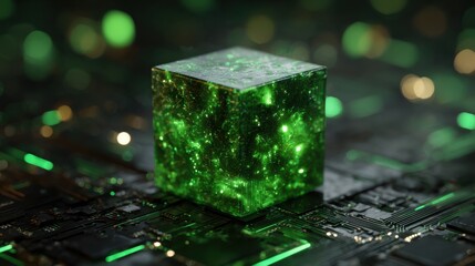 glowing green cube circuit board
