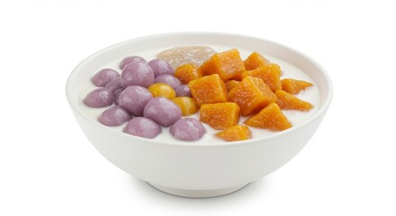 Taiwanese taro ball dessert with sweet potato cubes isolated on a white background for food and dessert or healthy eating concept