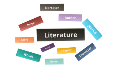 Literature Word Collage PNG – Paper Cutout Style for Book and Reading Themes