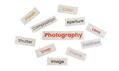 Photography Word Collage PNG – Creative Paper Cutout Style for Visual Artists