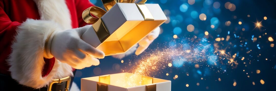 Santa claus opening a christmas gift box with magic sparkles on blue background