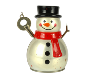 Vintage Tin Snowman Toy with Wind-Up Key and Painted Details, Retro Style, Isolated