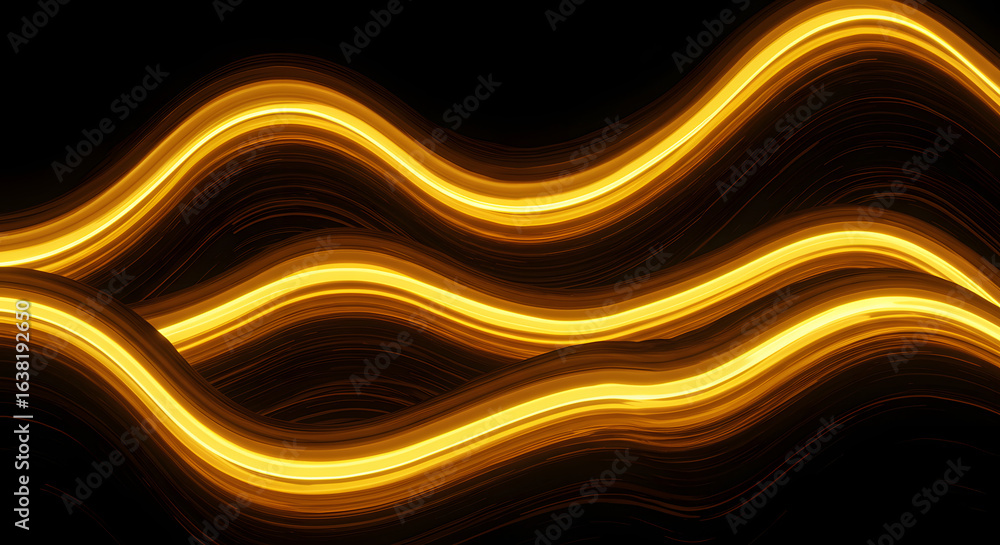 Poster abstract golden waves of energy flowing in a dark void, radiating brilliance and elegance, creating 