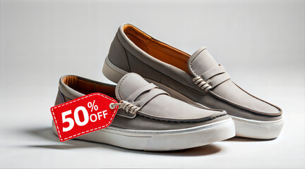 Casual loafers with discount tag showcasing 50% off sale  