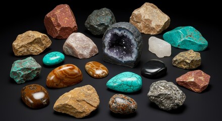 Naklejka premium Exquisite Collection of Polished Rocks and Minerals Displayed on Dark Surface