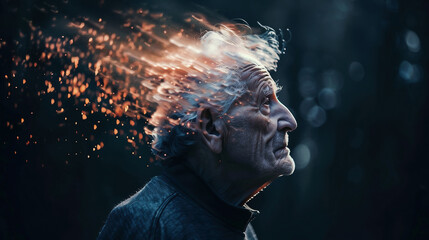 Memory loss due to dementia. Senior man losing parts of head as symbol of decreased mind function.