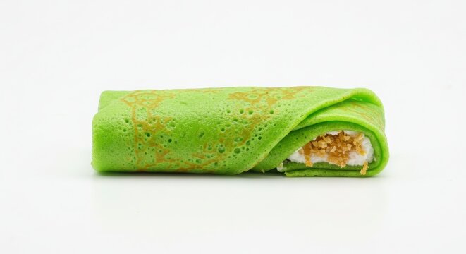 Indonesian dadar gulung rolled green crepe with coconut sugar filling isolated on a white background for dessert and foof photography