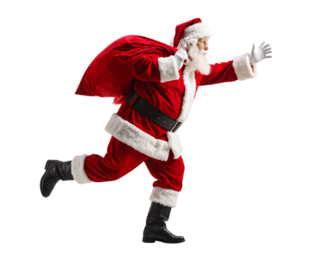  Santa Running While Looking Back Over Shoulder, Suspicious Expression, Isolated