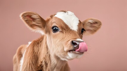 Obraz premium A cute brown and white calf with big eyes is licking its pink nose in a professional studio environment.
