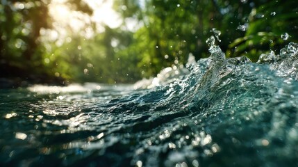 Close-up of a fresh, gushing stream in a vibrant green forest. Use to convey nature, relaxation, and the importance of water.
