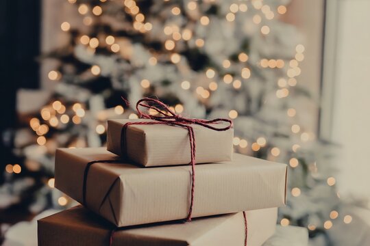 Stack of christmas gift boxes with string in front of a christmas tree with lights