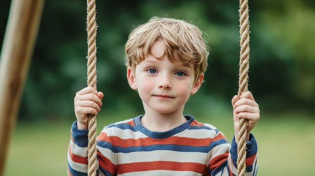 A child holding onto the ropes of a swing, looking determined, with blurred background.