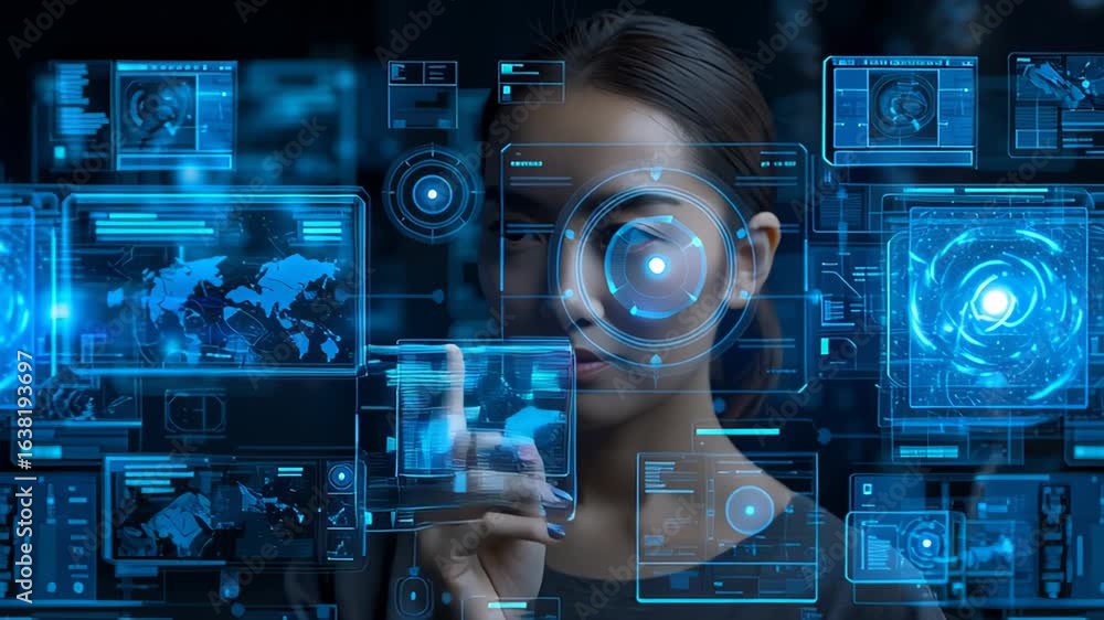 Aufkleber asian woman interacting with futuristic holographic interface, showcasing advanced technology and di