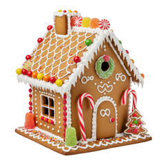 Decorated gingerbread house with candy canes and christmas tree isolated on transparent background