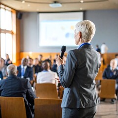 Distinguished speaker addressing an audience at a professional conference setting stage presence