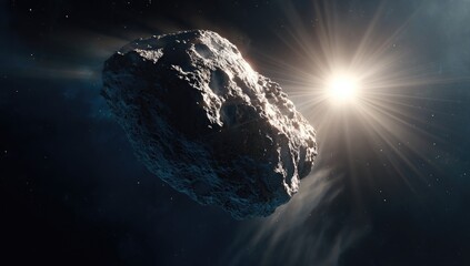 A large, irregularly-shaped asteroid floats in the inky blackness of space, illuminated by a bright star, its surface textured and seemingly metallic.  Dust trails hint at movement