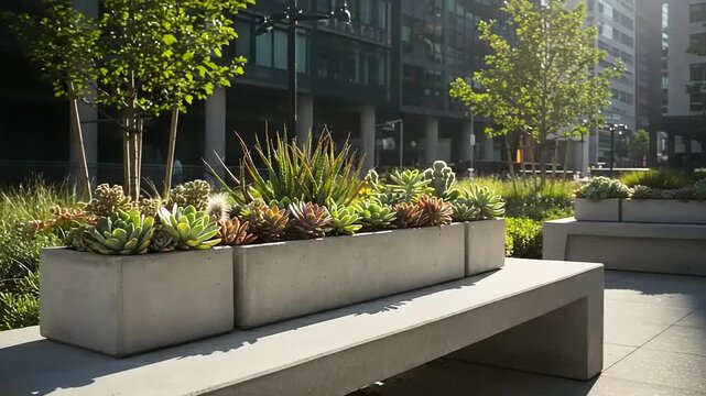 Concrete planter boxes and benches in urban plaza