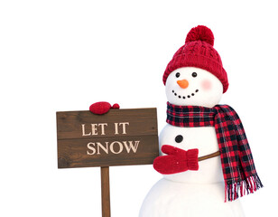Snowman Holding a “Let It Snow” Sign, Front-Facing Pose, Decorative Message, Isolated