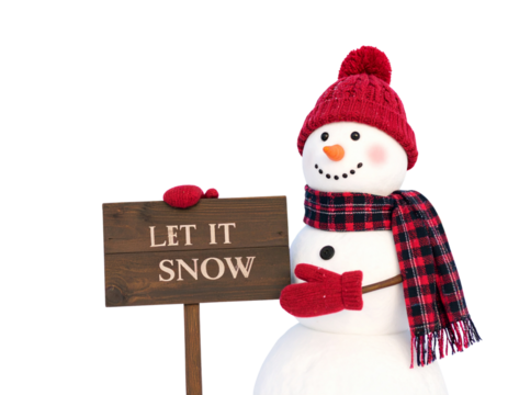 Snowman Holding a “Let It Snow” Sign, Front-Facing Pose, Decorative Message, Isolated