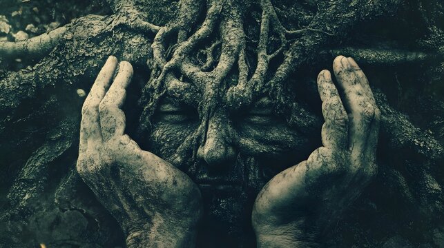 Photograph of a man obscured by gnarled tree roots, hands raised in a protective gesture.