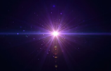 Fototapeta premium A vibrant purple starburst explodes from a central point, radiating light and energy against a deep dark background, interspersed with small sparkling particles