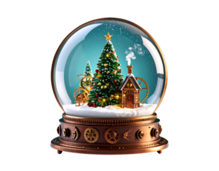 Steampunk Snow Globe with Gears and Mechanical Fir Tree, Transparent Background