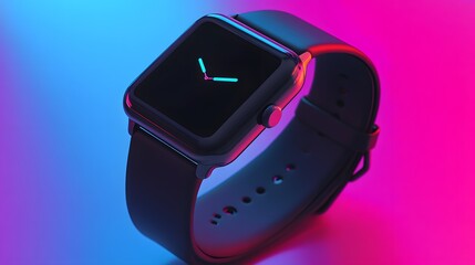 Fototapeta premium 3D render of a black smartwatch on a vibrant blue and red gradient background.