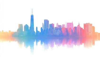 Fototapeta premium A vibrant, stylized cityscape skyline reflected in calm water, showcasing a spectrum of pastel colors against a white background
