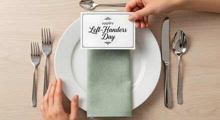 Person placing a card that says left handers day on a place setting with cutlery and napkin