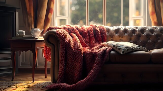 Photograph of a cozy, leather sofa with a warm throw in a dimly lit, elegant room.