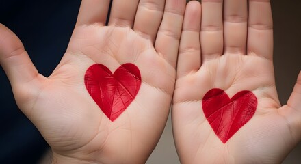 Obraz premium Two hands with red hearts painted on their palms symbolizing love and connection