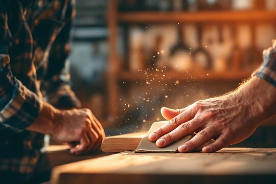 Experienced craftsman and apprentice meticulously sanding wood, sawdust flying, woodworking workshop.