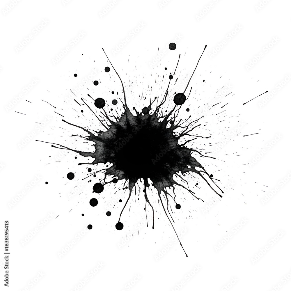 Poster ink blot with splatters on white background for artistic design element