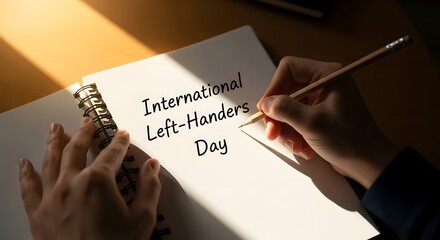 Close up of a left handed person writing international left handers day in a notebook with a pencil