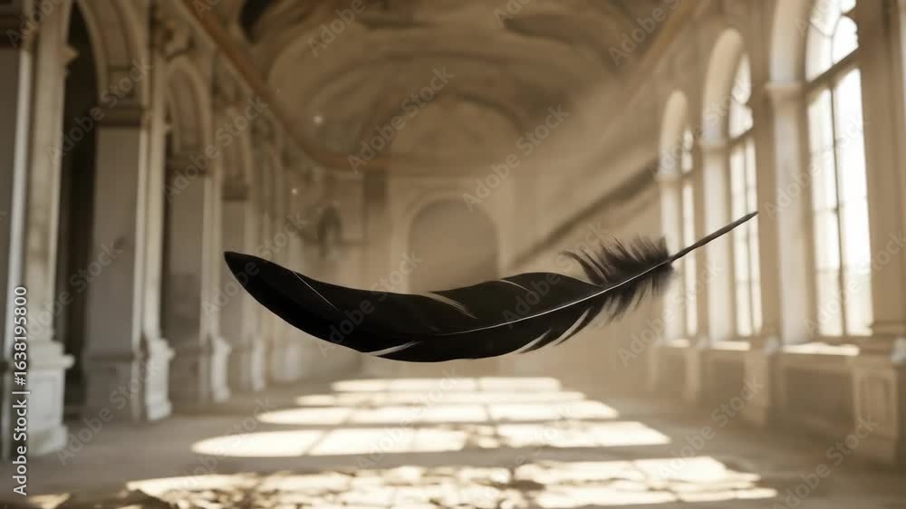 Poster black feather floats in sunlit hall of abandoned building with columns and windows, creating surreal