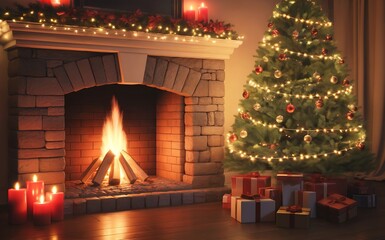 Christmas tree and fireplace with gifts create a warm and festive holiday atmosphere