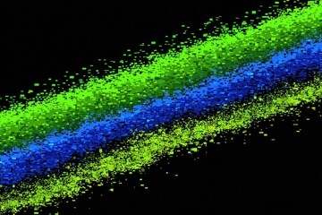 Diagonal streaks of vibrant green and blue particles on black background