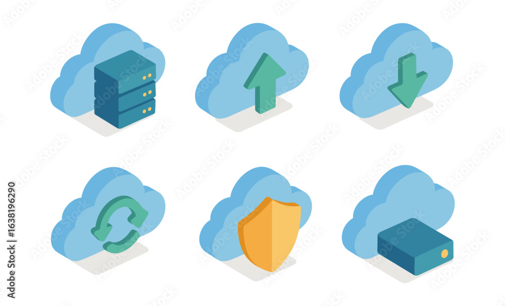 Poster cloud computing isometric icons for data management and security