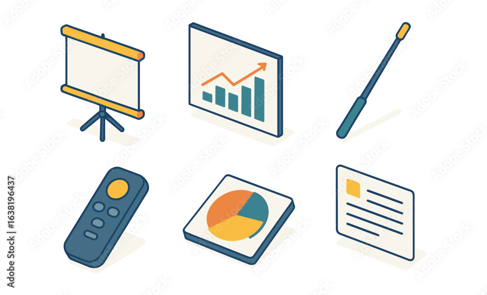 Poster isometric office presentation tools with charts and graphs design set