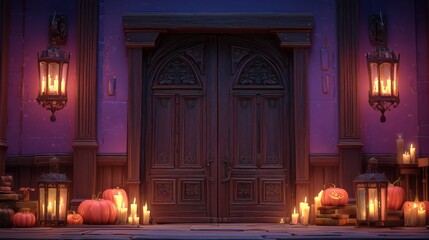 Haunted House Entrance with Gothic Double Doors, Jack-O'-Lanterns, and Candlelit Lanterns for Halloween Decor