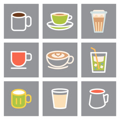 coffee, tea, latte, juice, and beer