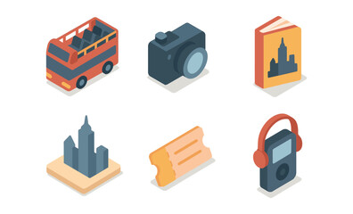 Isometric travel essentials with bus and city icons