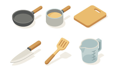 Isometric kitchen tool set with pan, pot, knife, and cutting board on white background